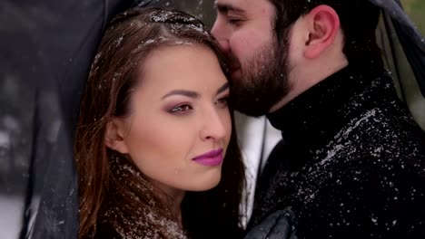 Bride-with-the-black-veil-and-the-groom-in-snow.