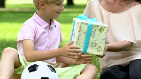 Mother-gives-surprise-box-with-present-to-happy-son,-happy-together,-adoption