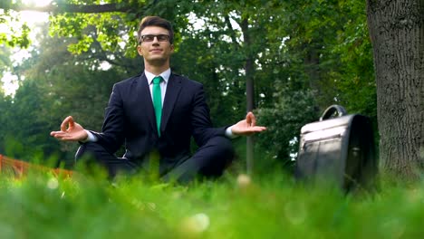 Hombre-de-negocios-sentado-en-la-hierba-y-meditando-en-aire-fresco,-la-energía-de-la-naturaleza