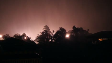 Huracanados-vientos-de-silueta-de-árboles-de-Palma-en-la-noche-durante-lluvias-torrenciales