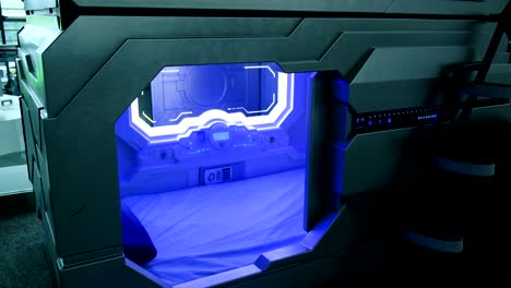 Modern-technology---sleepbox-with-neon-lights,-space-capsule-place-for-sleeping-at-the-airport