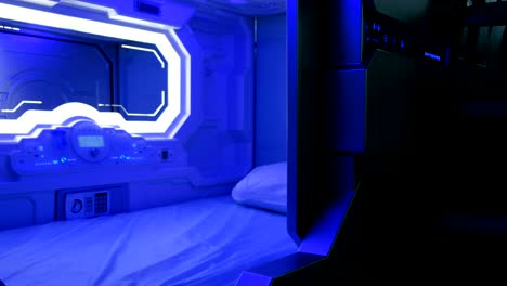 Modern-sleepbox-with-neon-lights,-space-capsule-for-sleeping-at-the-airport,-overview-through-the-open-door