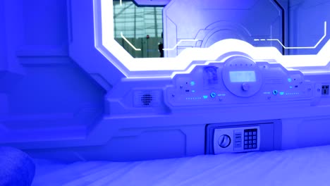 Sleepbox-with-neon-lights,-space-capsule-for-sleeping-at-the-airport,-inside-interior-view