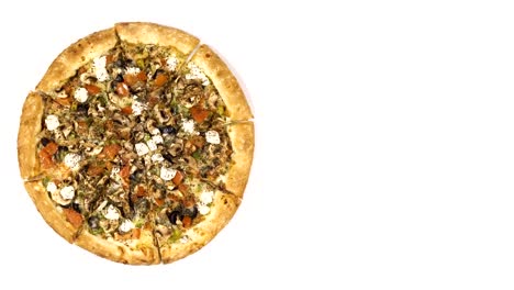 Rotating-pizza-with-smoked-sausage-and-olives-on-a-white-background.-Top-view-center-orientation