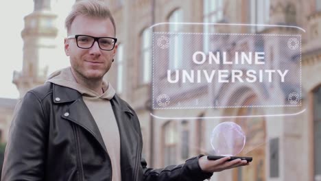 Inteligente-joven-con-gafas-muestra-una-Universidad-en-línea-conceptual-del-holograma