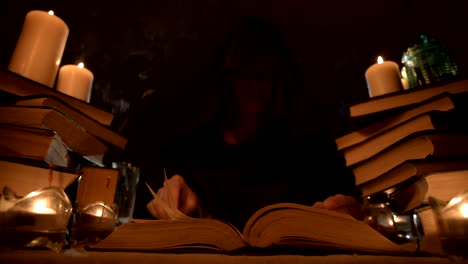 Medium-close-up-girl-magician-in-a-hood-in-a-dark-room-by-candlelight-and-looking-for-a-spell-turning-over-a-book.-Low-key.