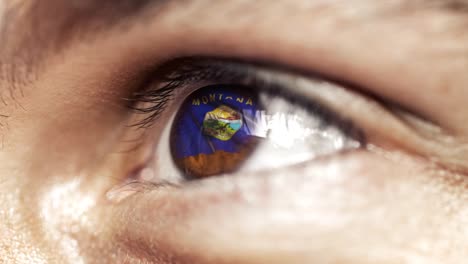 Man-with-brown-eye-in-close-up,-the-flag-of-Montana-state-in-iris,-united-states-of-america-with-wind-motion.-video-concept