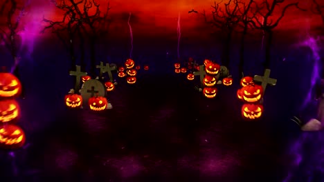 Misteriosa-noche-de-Halloween,-calabazas-en-un-místico-bosque,-lazo