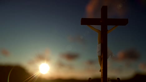 Christians-praying-at-Jesus-cross,-blurry-sunrise,-zoom-out