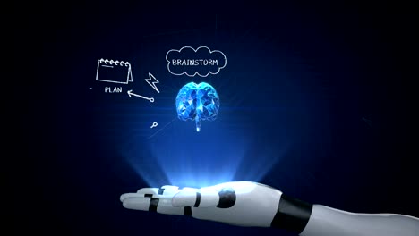 Brainstorming-zu-digitalen-Gehirn-am-Roboterarm,-künstliche-Intelligenz.-4-k-Film