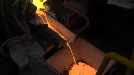 Acero-en-caliente-verter-en-la-planta-de-acero.-En-el-marco,-el-metal-fundido-se-vierte-a-través-de-canales-especiales,-para-liar-aún-más-con-una-máquina-especial.-Moderna-industria-metalúrgica