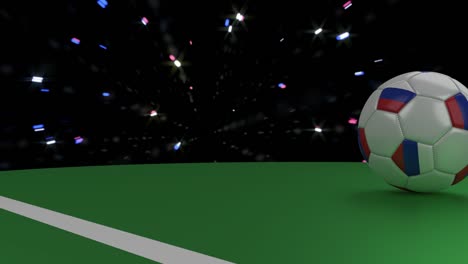 Soccer-ball-with-the-flag-of-Russia-crosses-the-goal-line-under-the-salute,-3D-rendering