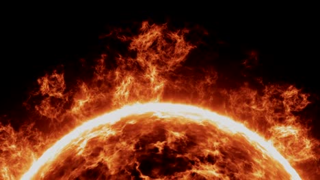 Sun-surface-with-solar-flares,-with-splashes-of-prominences.-Burning-of-the-sun-over-black-background