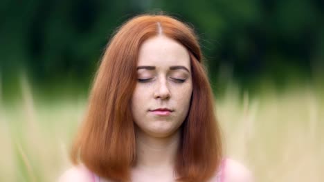 Deep-meditation-zoom-in,-woman-with-closed-eyes-feels-unity-concentrating-inside