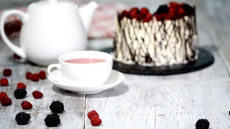 Trendy-rustic-vertical-roll-high-cake-with-chocolate,-vanilla-cream-and-berries.