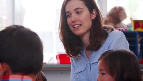 Elementary-school-teacher-talks-to-pupils-in-class,-close-up