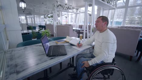 Successful-invalid-restaurant-owner-man-on-wheelchair-uses-modern-computer-technology-for-management-and-development-business-ideas