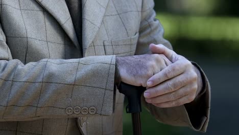 Old-male-hands-leaning-walking-stick,-social-support-of-pensioners,-disability