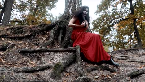 Woman-with-scary-halloween-make-up-in-red-dress-sitting-near-tree-in-the-forest-park-outdoors