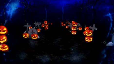 Misteriosa-noche-de-Halloween,-calabazas-en-un-místico-bosque,-lazo