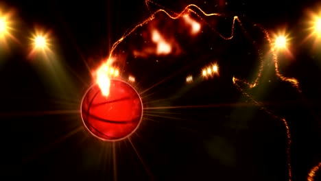 Basketball,-Illuminated-bright-yellow-color-spotlights,-In-night-scene