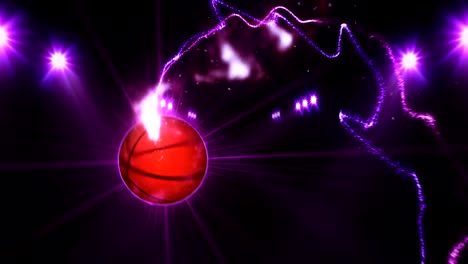 Basketball,-Illuminated-bright-purple-color-spotlights,-In-night-scene