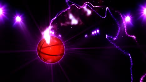 Baloncesto,-focos-de-color-púrpura-brillante-iluminada,-en-escena-de-la-noche