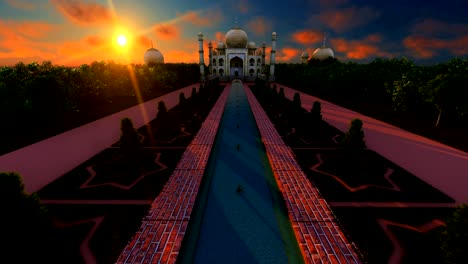 Sonnenuntergang-über-Taj-Mahal,-Agra-Indien