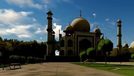 Taj-Mahal-against-blue-sky,-panning-cam