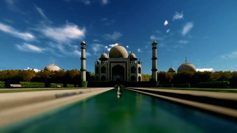 Taj-Mahal-against-beautiful-sky-with-tourists-walking,-sky-drop