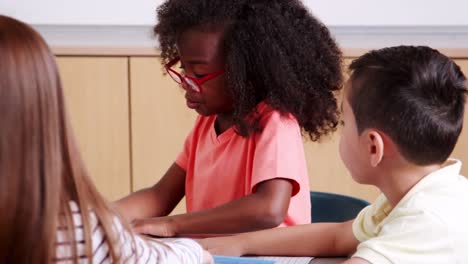 Two-elementary-school-pupils-during-art-class,lesson,-close-up