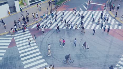 Aerial-view-of-a-crowd-of-pedestrian-crossing-a-big-street-in-Tokyo,-Japan.-The-shot-is-taken-from-an-elevator.