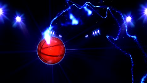 Baloncesto,-focos-de-color-azul-brillante-iluminada,-en-escena-de-la-noche