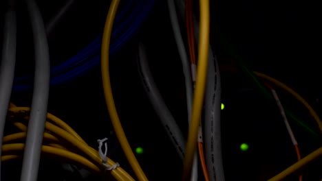 Electronic-color-wires-in-server-room-close-up,-computer-industry-equipment