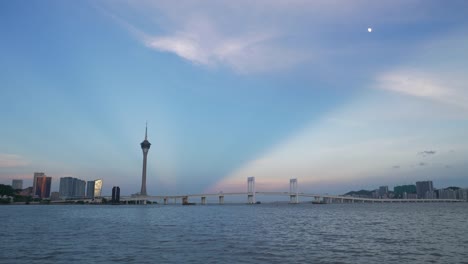 Sonnenuntergang-Himmel-magische-Zhuhai-Stadt-Macau-Bridge-und-den-Tower-Bay-Panorama-4k-china