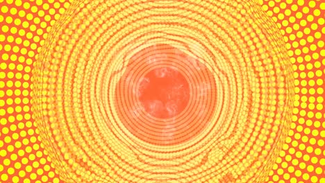 Plasmatic-halftone-circle-area-in-tunnel-motion,-abstract-vfx-video-background-in-yellow-and-orange,-smoke-effect,-fiery-colors