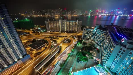 China-Dach-Top-Nacht-Licht-Hong-Kong-Kreuzung-Verkehrsknotenpunkt-4k-Zeitraffer