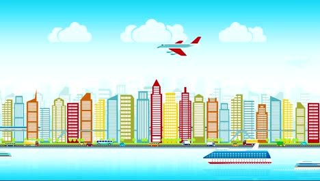 Colorful-city-skyline-with-traffic-of-various-vehicles-train-airplane-car-ship-in-flat-style,-cityscape,-seamless-loop