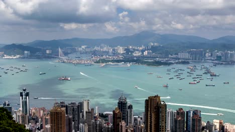 Timelapse-de-Hong-Kong-vista-desde-la-cima-de-la-montaña,-vista-aérea,-vista-del-hito,