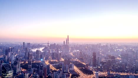 Aerial-view-of-Shanghai-at-dawn,-time-lapse