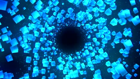 Global-Business-Network,-Blue-Cubes-on-Black-Background,-Glitter-Animation,