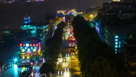 Nacht-Beleuchtung-Wuhan-Stadt-Verkehr-Straße-auf-dem-Dach-Panorama-4-k-Zeit-hinfällig,-china