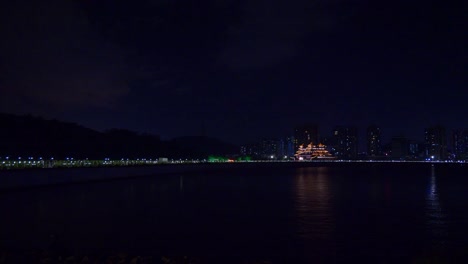 Nacht-erleuchtet-Zhuhai-Stadt-berühmten-Restaurant-komplexe-Panorama-4k-china