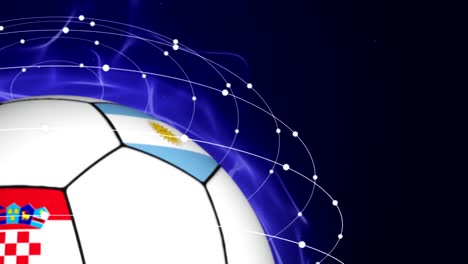 Balón-de-fútbol-y-mundial-bandera-en-fondo-de-anillo,-animación,-partículas-abstractas-azules,-lazo