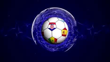 Soccer-Ball-and-World-Flag-in-Blue-Abstract-Particles-Ring,-Animation,-Background,-Loop