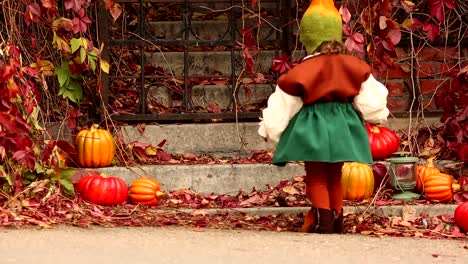 Funny-niña-en-un-traje-de-gnomo-está-parado-con-la-espalda-cerca-de-uvas-rojas