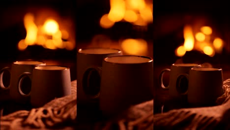 Vertical-videos.-Steam-from-a-cups-with-a-hot-cocoa-on-the-fireplace-background.