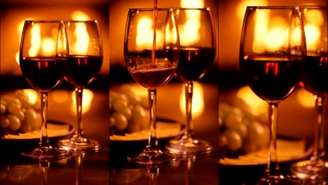 Vertical-videos-of-two-red-wine-wineglasses-over-fireplace-background.