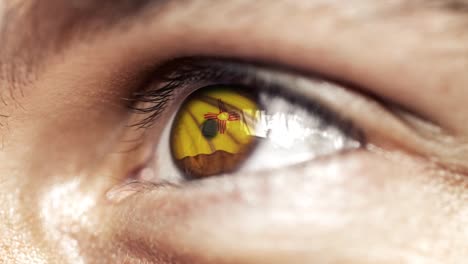 Man-with-brown-eye-in-close-up,-the-flag-of-New-Mexico-state-in-iris,-united-states-of-america-with-wind-motion.-video-concept