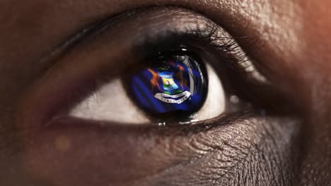 Woman-black-eye-in-close-up-with-the-flag-of-Michigan-state-in-iris,-united-states-of-america-with-wind-motion.-video-concept